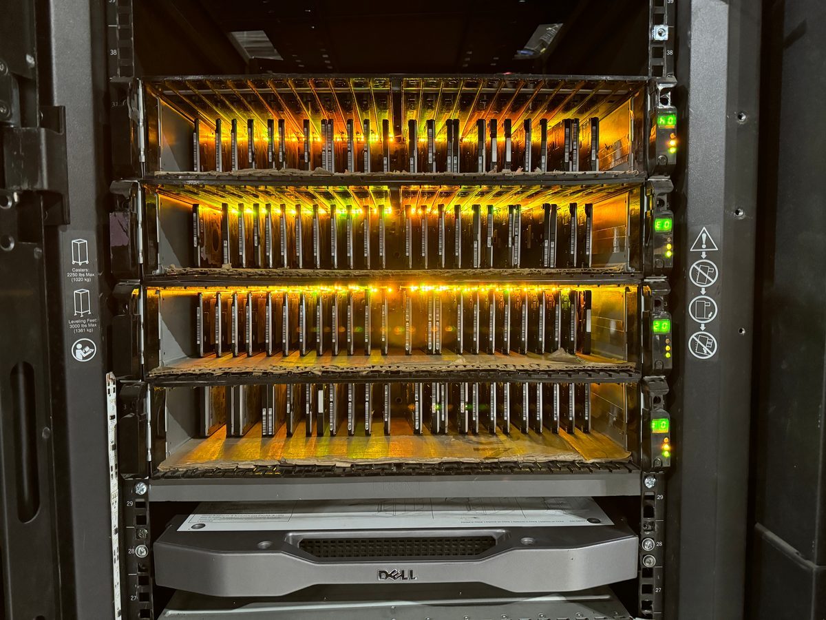 Rack of hard drives staged for certified destruction